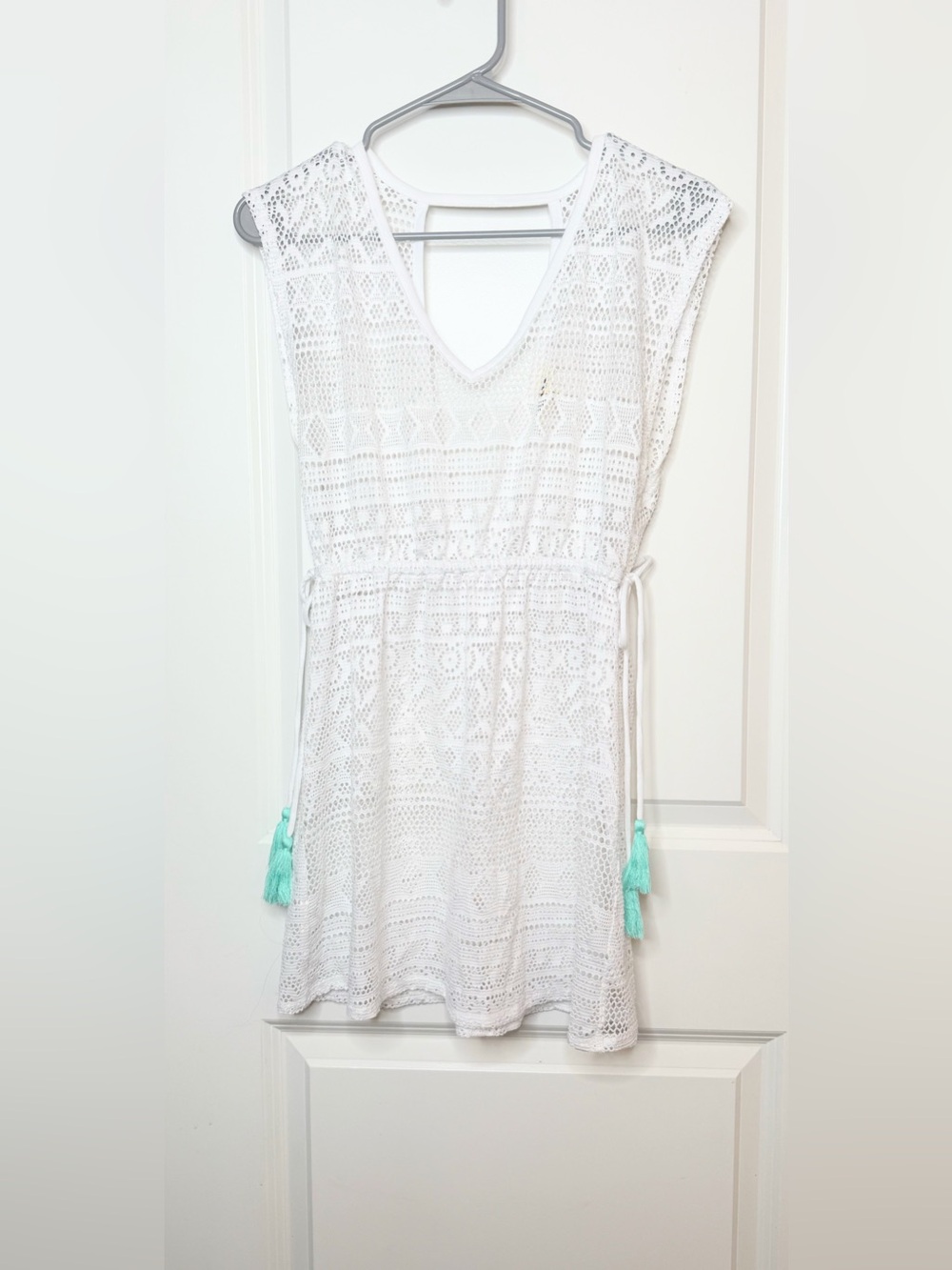Miken Swim White Crochet Swim Cover Up Dress Tassel Beach Size Small Boho